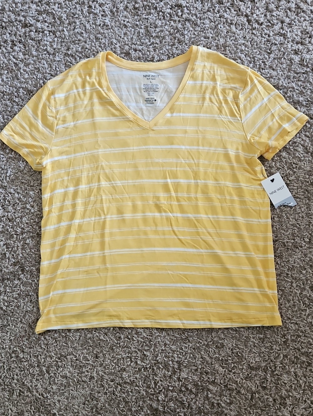 Nine West Yellow and White Striped V-Neck Tee Shirt